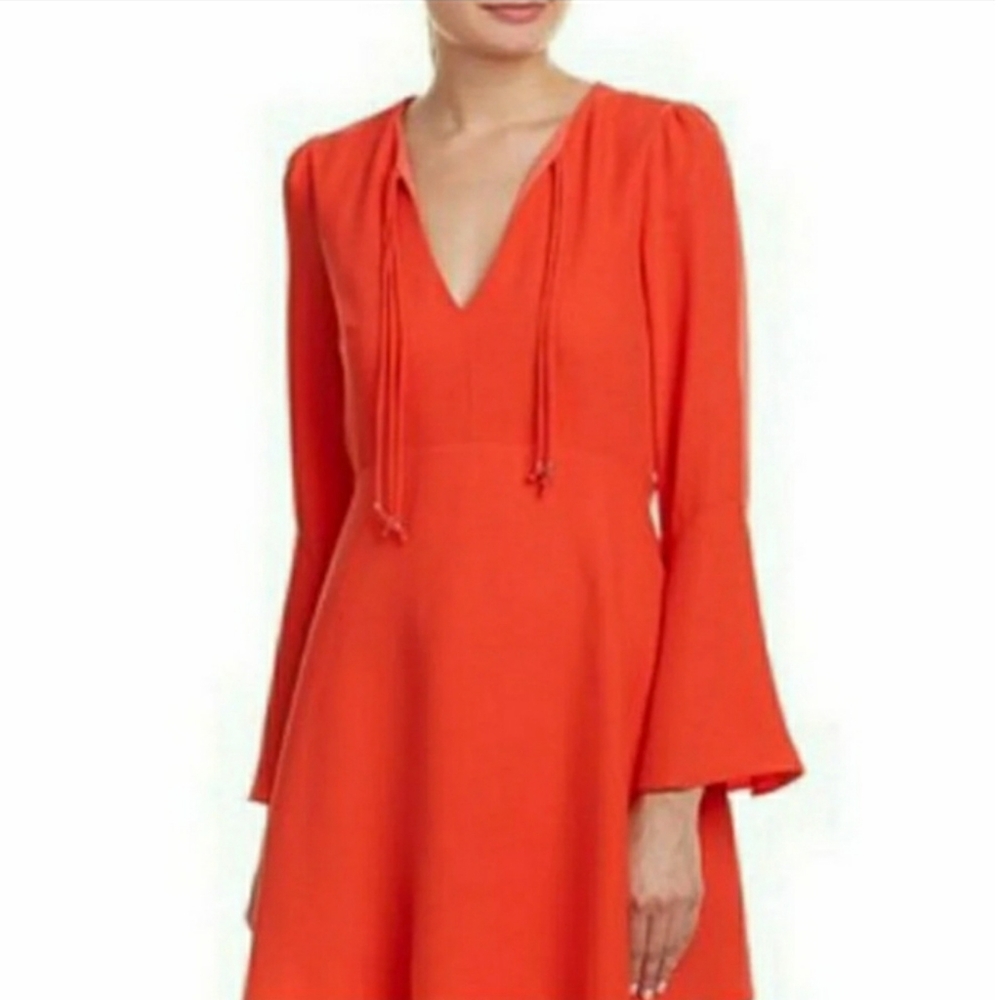 SAM EDELMAN Coral Orange Flare Bell Sleeve Tassel Tie Dress 10 NWT